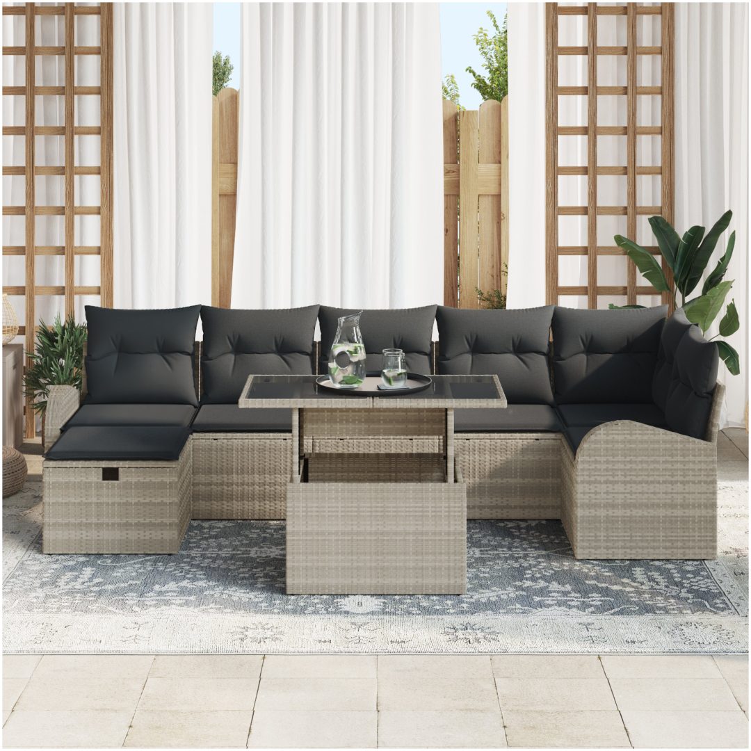8-delad trädgårdsoff set med kuddar ljusgrå poly rotting vidaXL 100 x 55 x 73 cm – bild 3