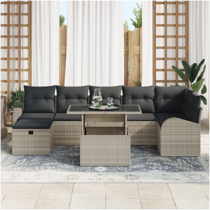 8-delad trädgårdsoff set med kuddar ljusgrå poly rotting vidaXL 100 x 55 x 73 cm – bild 3