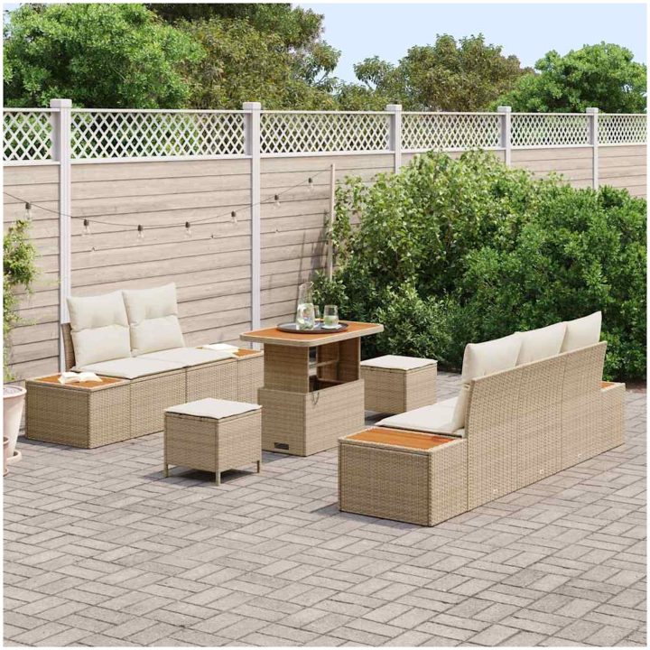 8-delad Trädgårdsoffa med Dynor Gräddvit Poly Rattan Akacia vidaXL Medium – bild 3