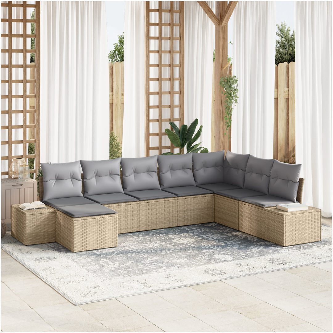 8-delad trädgårdsoffa med kuddar - Beige konstrotting vidaXL 319 x 209 x 85 cm