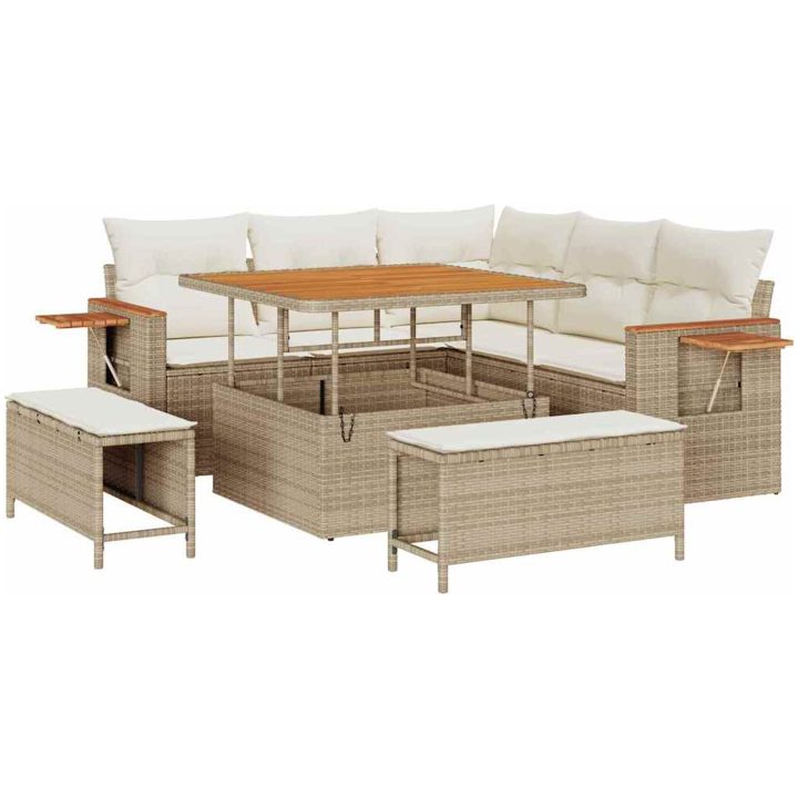 8-delad Trädgårdsoffa med Kuddar Beige Poly Rattan Akacia vidaXL Medium – bild 2