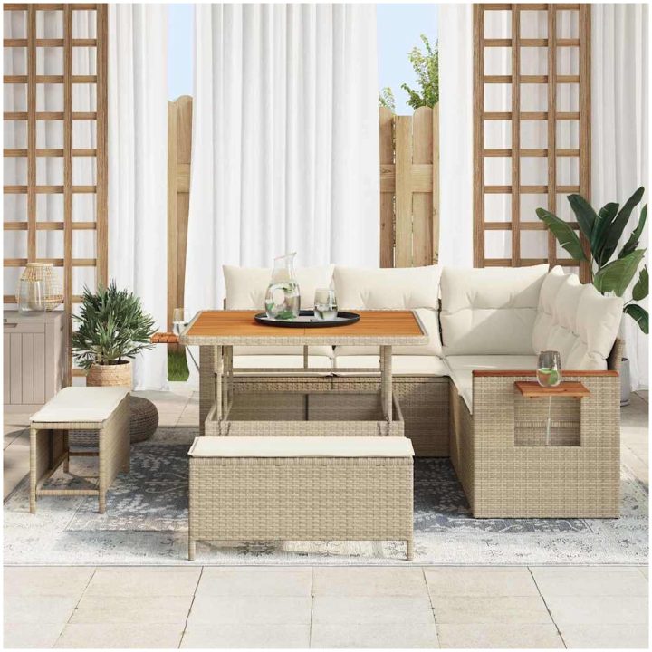 8-delad Trädgårdsoffa med Kuddar Beige Poly Rattan Akacia vidaXL Medium – bild 3