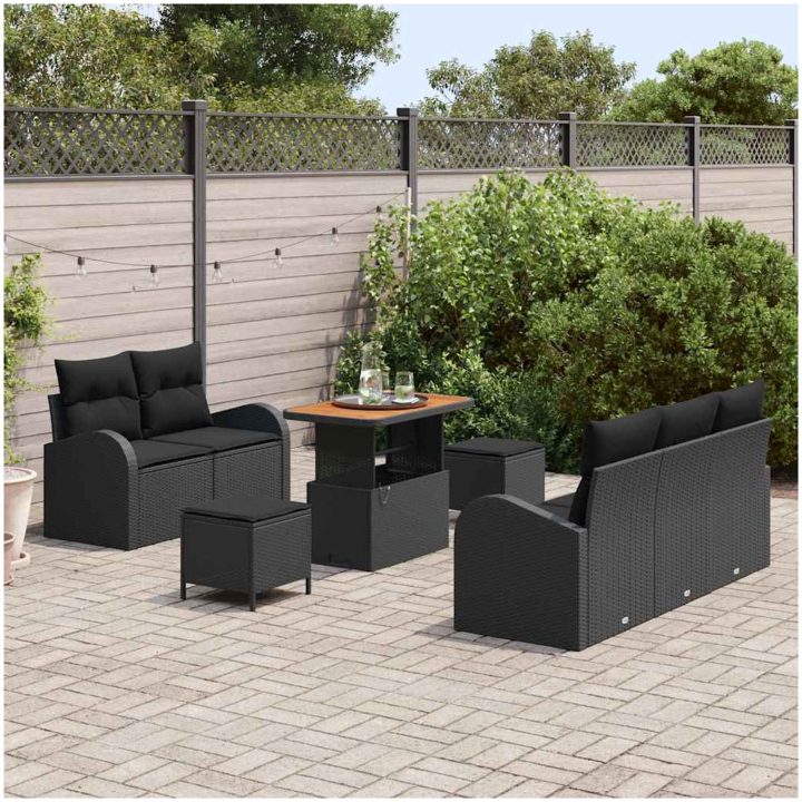 8-delad trädgårdsoffa med kuddar svart poly-rattan akacia vidaXL Standard – bild 3