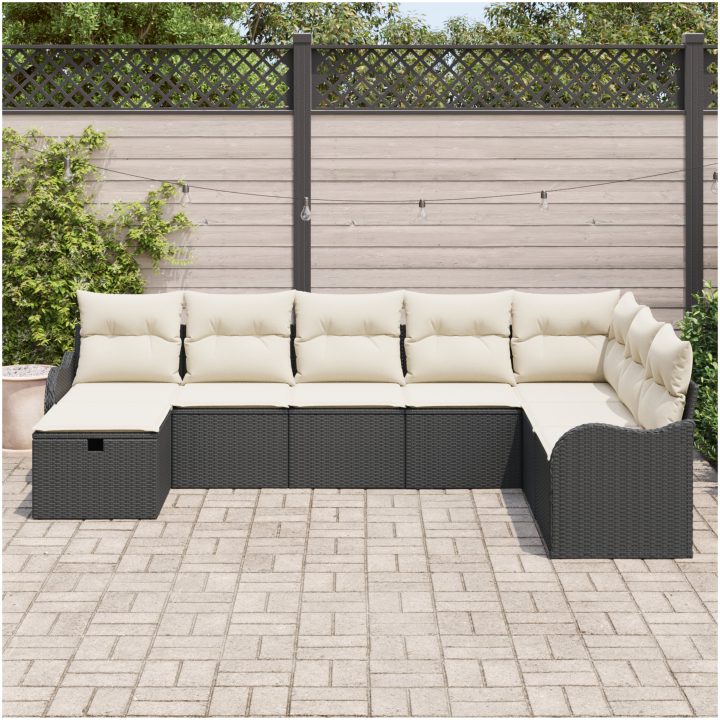 8-delad trädgårdsoffa med kuddar svart poly rattan vidaXL Stor – bild 3