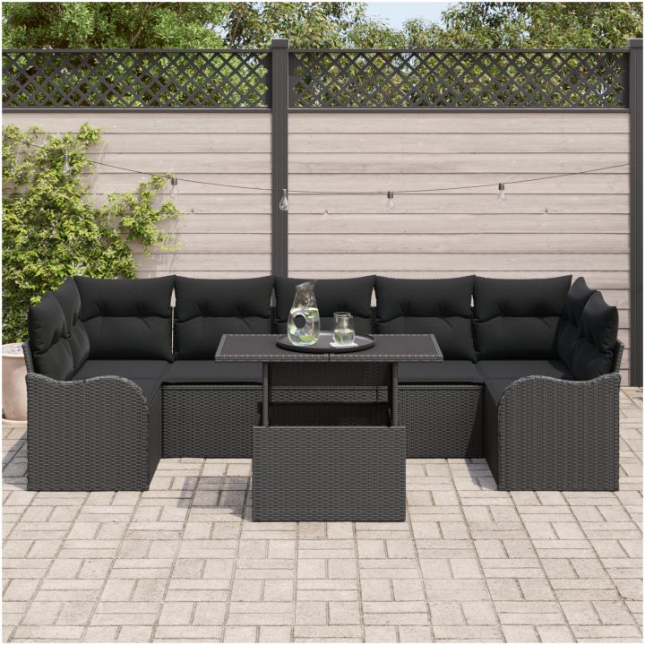 8-delad trädgårdsoffa med kuddar svart polyrotting vidaXL Stor – bild 3