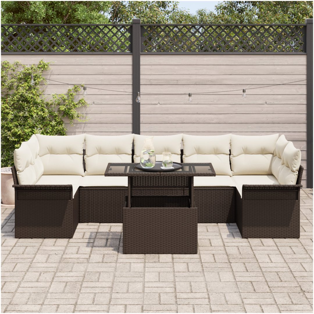 8 Delad Trädgårdsoffa Set med Kuddar Brun Poly Rattan vidaXL Stor – bild 3
