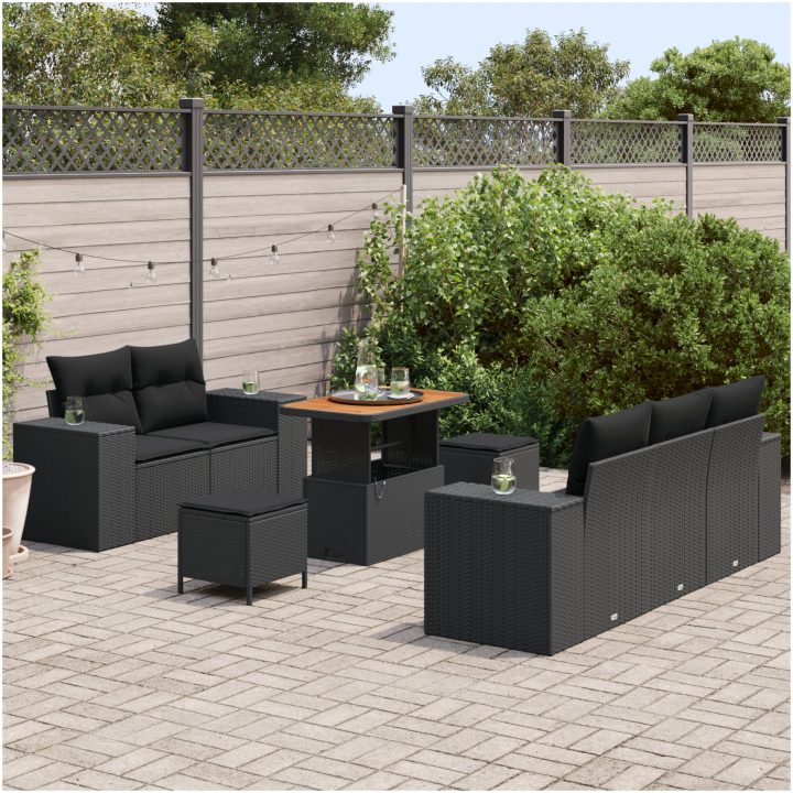 8-delad trädgårdsoffa set med kuddar svart poly rattan akacia vidaXL Medium – bild 3