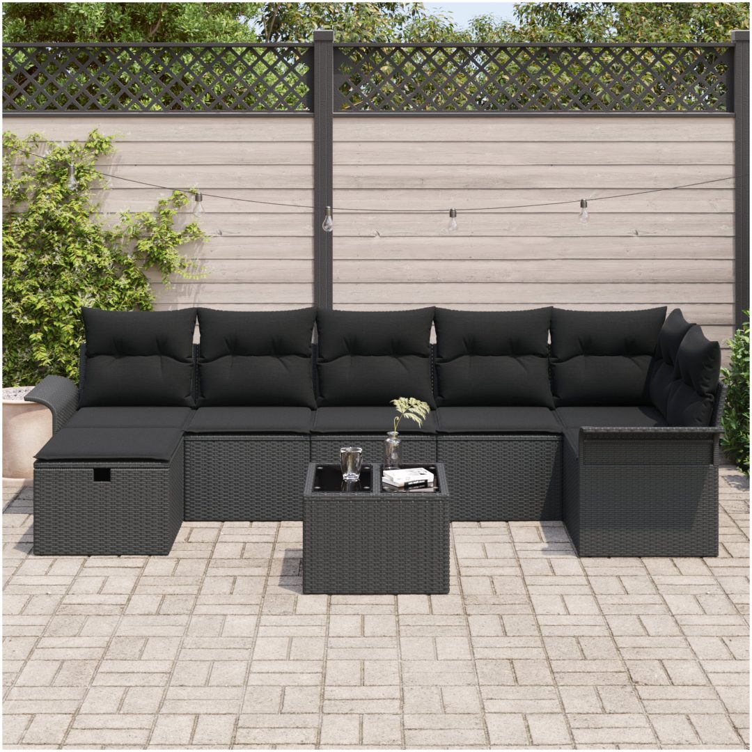 8-delad Trädgårdsoffagrup med Kuddar Svart Poly Rattan vidaXL Stor – bild 3