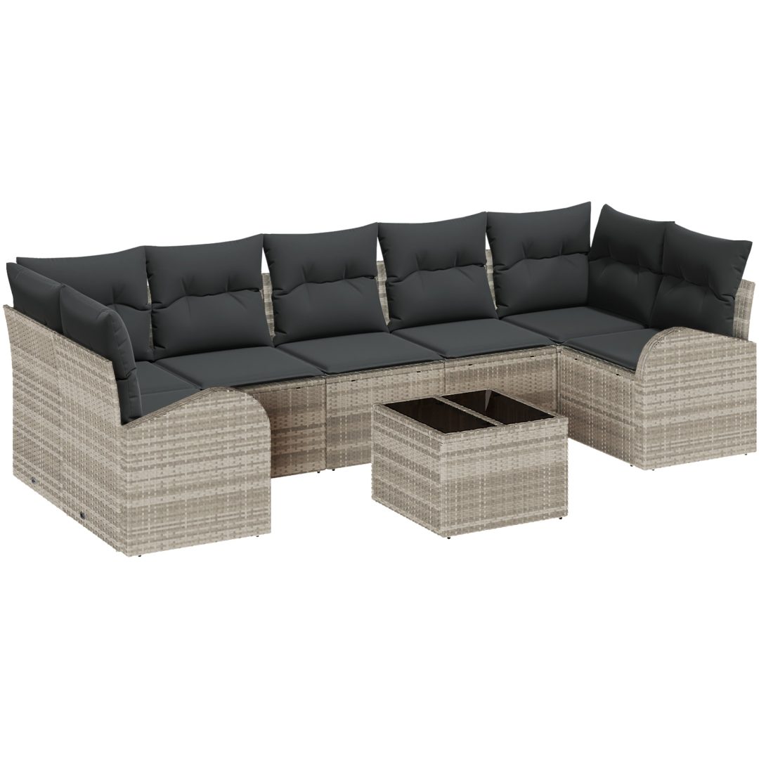 8-delad trädgårdsoffagrupp med kuddar ljusgrå Poly Rattan vidaXL 55 x 55 x 37 cm – bild 2