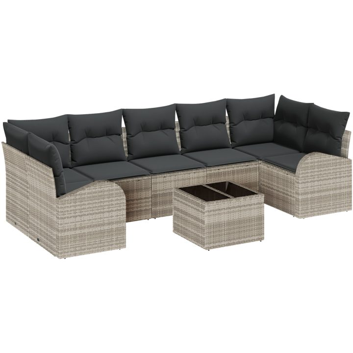 8-delad trädgårdsoffagrupp med kuddar ljusgrå Poly Rattan vidaXL 55 x 55 x 37 cm – bild 2