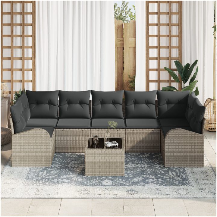 8-delad trädgårdsoffagrupp med kuddar ljusgrå Poly Rattan vidaXL 55 x 55 x 37 cm – bild 3