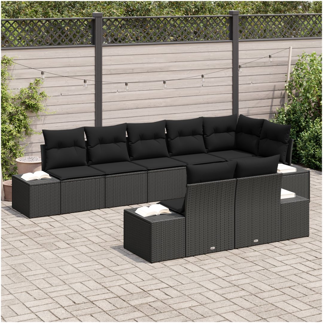8-delad Trädgårdsoffagrupp med kuddar Svart Poly Rattan vidaXL 184 x 62 x 85 cm – bild 3