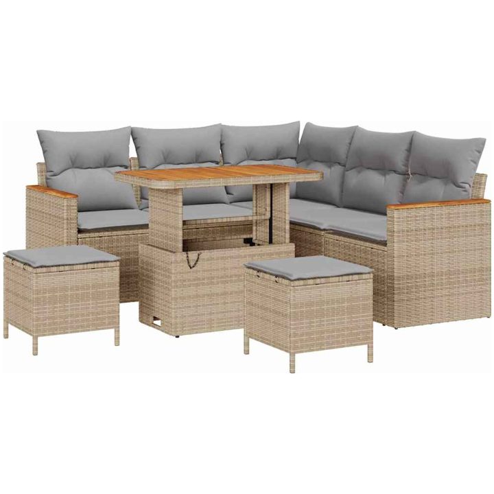 8-delad Trädgårdsoffagruppe med Kuddar Beige Poly Rattan Akacia vidaXL Stor – bild 2