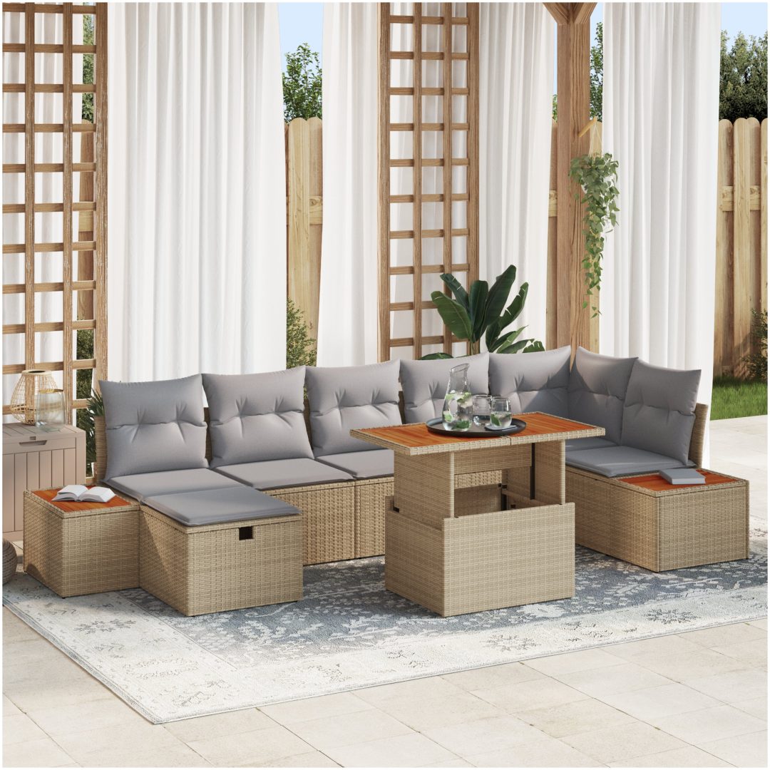 8-delad trädgårdsoffagruppe med kuddar, beige polyrotting vidaXL 55 x 55 x 37 cm – bild 7