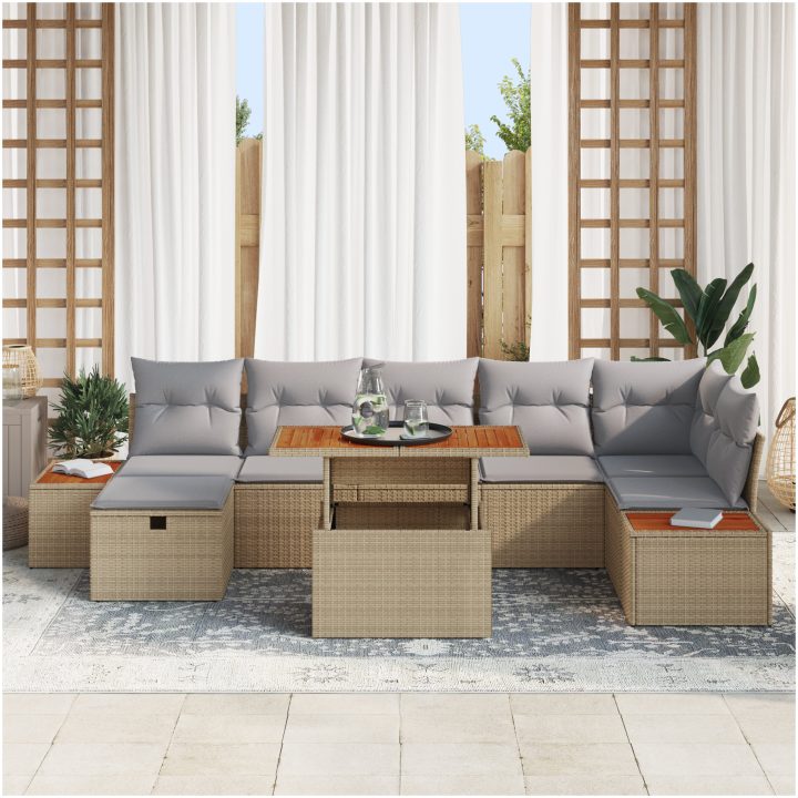 8-delad trädgårdsoffagruppe med kuddar, beige polyrotting vidaXL 55 x 55 x 37 cm – bild 8