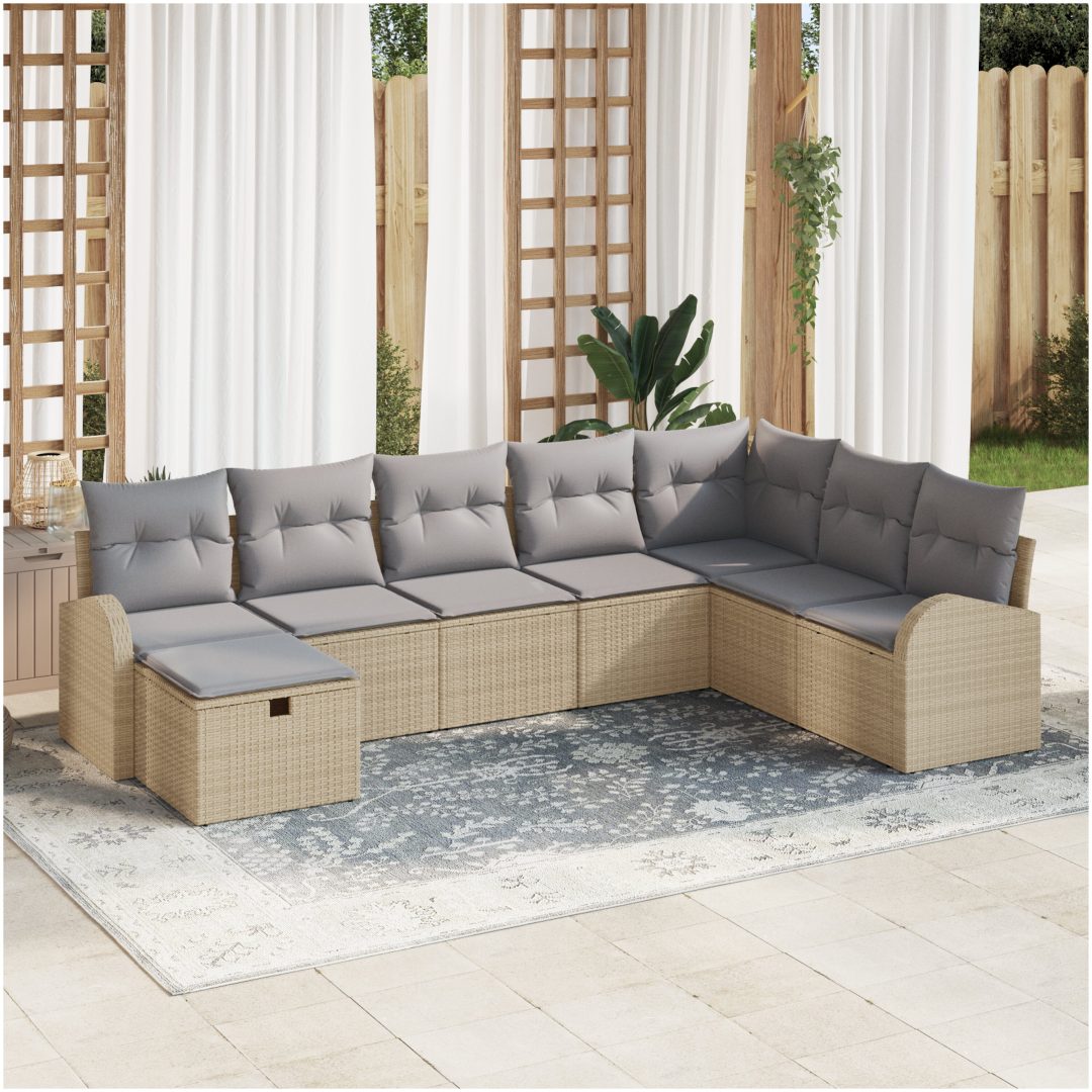 8-delad trädgårdsoffasats med kuddar Beige Poly rotting vidaXL 289 x 179 x 85 cm