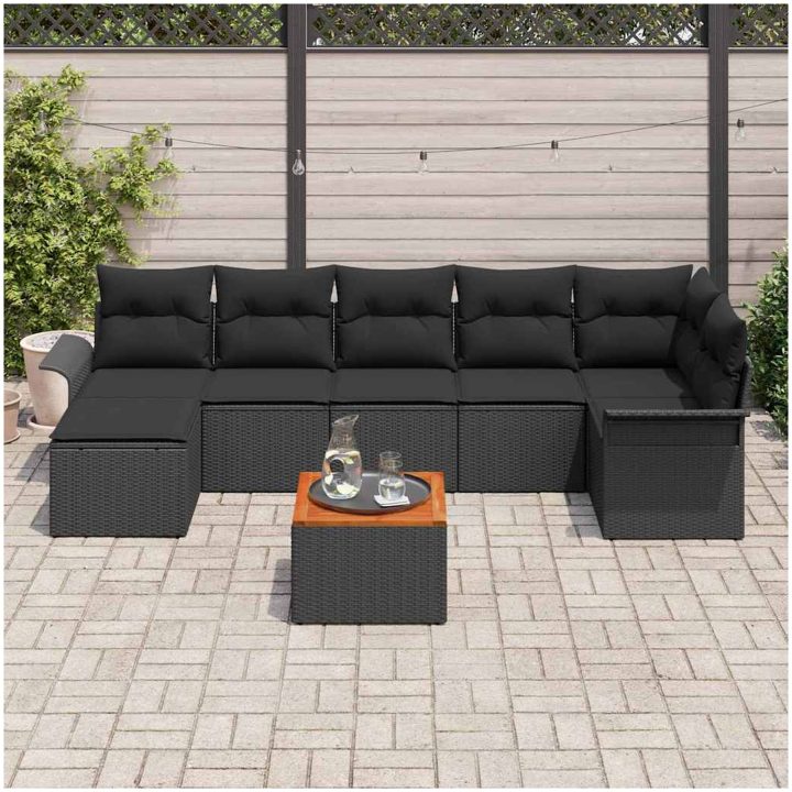 8-delad trädgårdsoffasats med kuddar svart poly-rattan akacia vidaXL 55 x 55 x 37 cm – bild 3