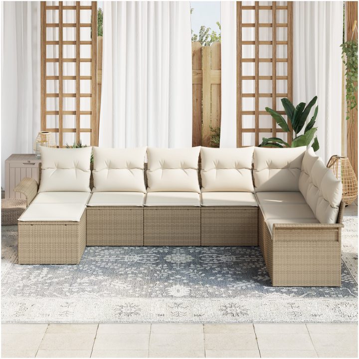 8-delad trädgårdsoffaset med kuddar Beige Poly Rattan vidaXL 297.5 x 187.5 x 85 cm – bild 3