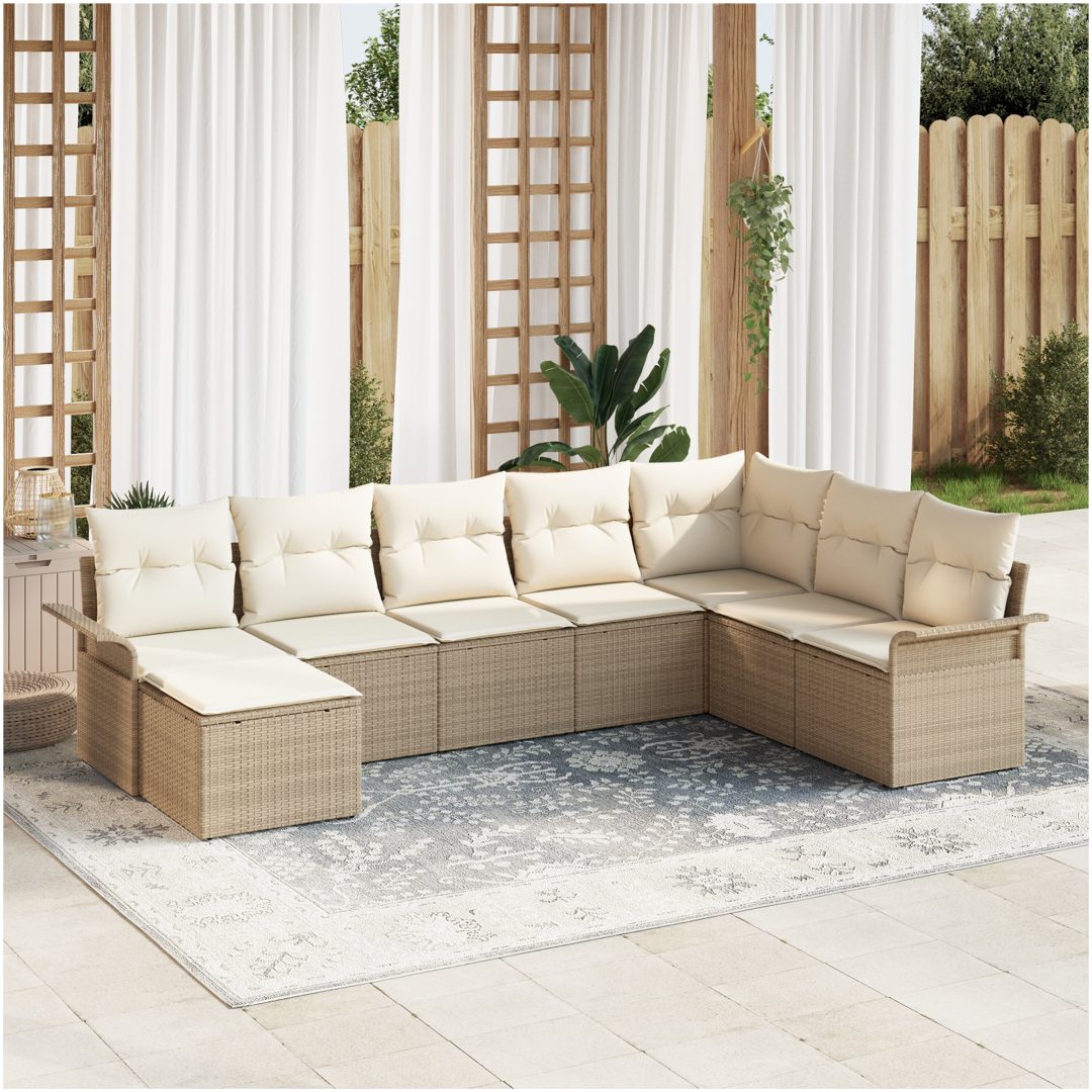 8-delad trädgårdsoffaset med kuddar Beige Poly Rattan vidaXL 297.5 x 187.5 x 85 cm