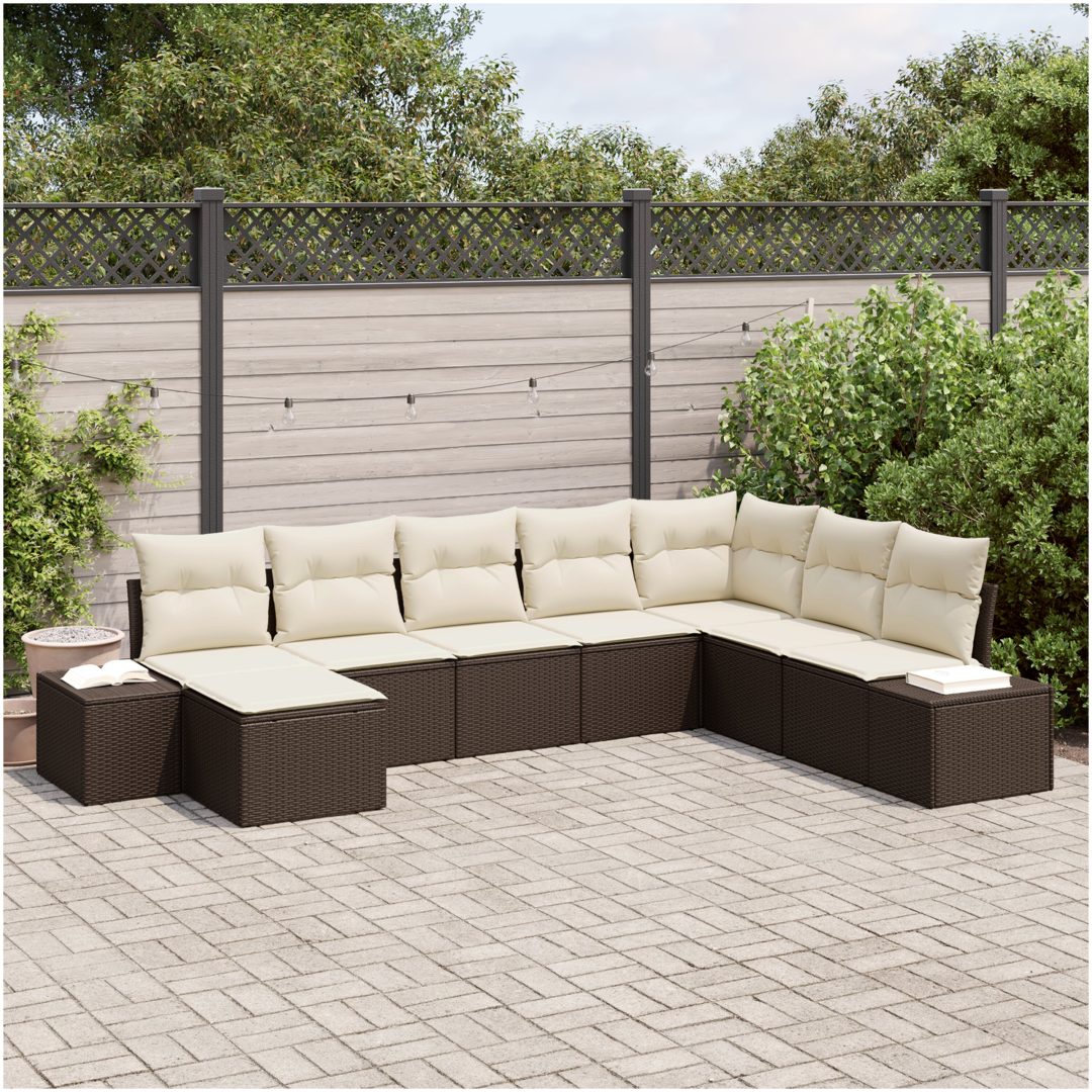 8-delad Trädgårdsoffaset med kuddar Brun Poly Rattan vidaXL 319 x 209 x 85 cm