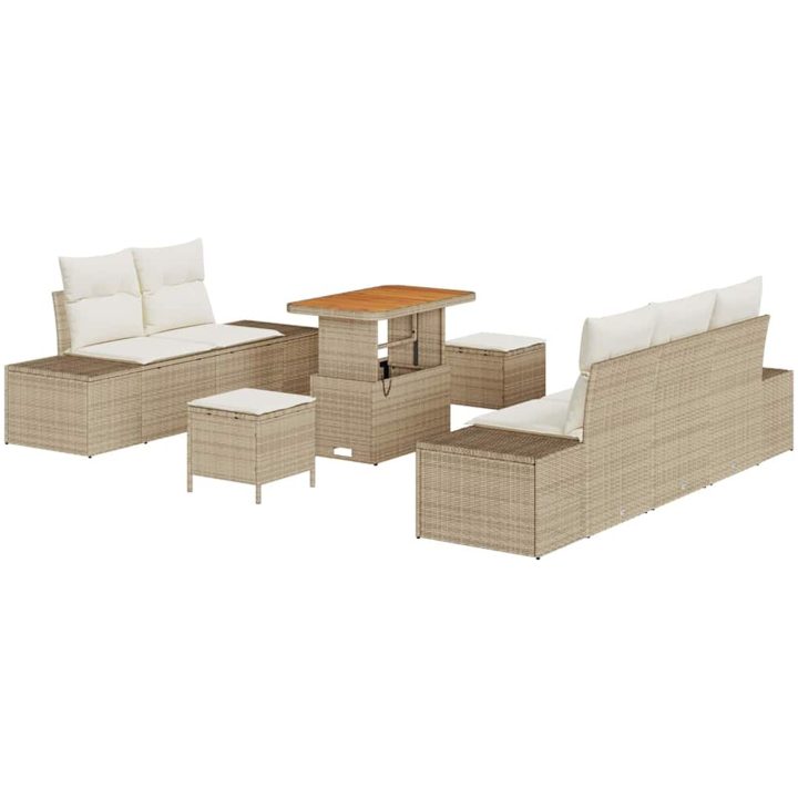 8-delad trädgårdsoffasett med kuddar beige poly rattan akacia vidaXL Stor – bild 2