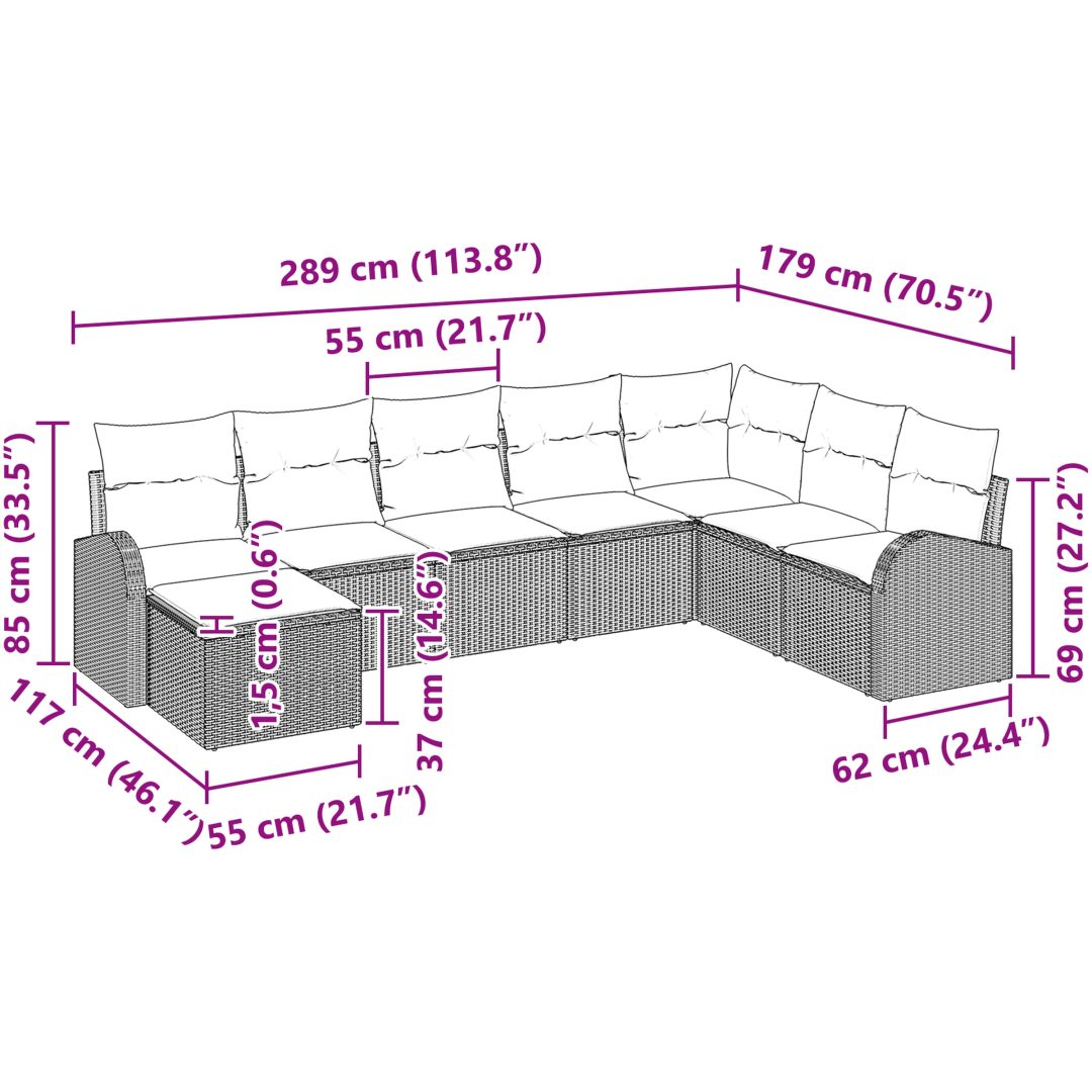 8-delad trädgårdsoffasett med kuddar Brun Poly Rattan vidaXL 289 x 179 x 85 cm – bild 9