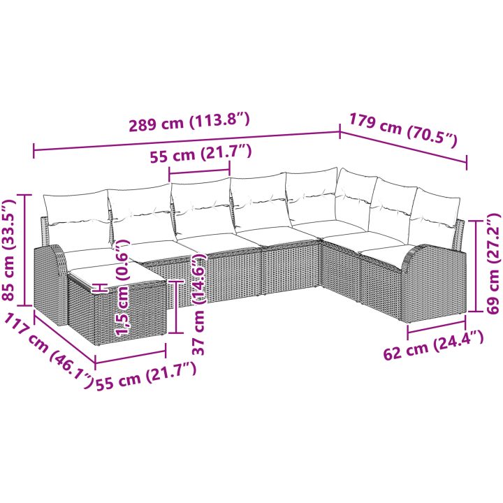 8-delad trädgårdsoffasett med kuddar Brun Poly Rattan vidaXL 289 x 179 x 85 cm – bild 9