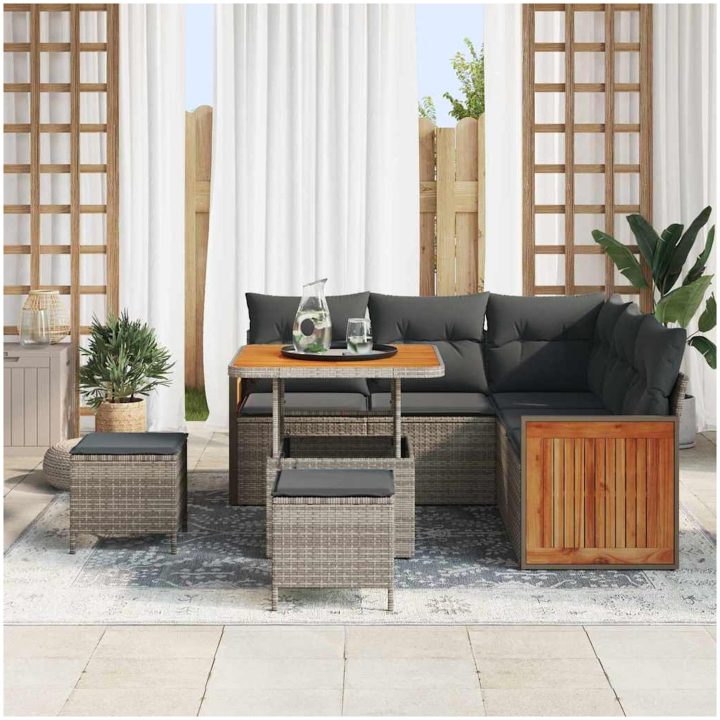 8-delad Trädgårdsoffasett med Kuddar Grå Poly Rattan Acacia vidaXL Stor – bild 3