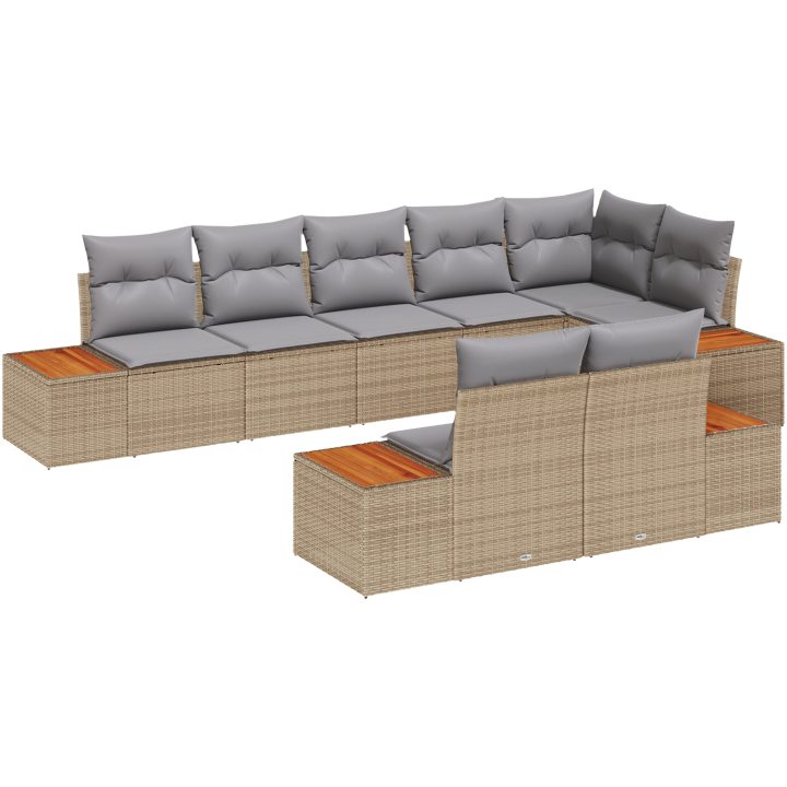 8-delad trädgårdsoffasett med kuddar i beige poly-ratan och akacia vidaXL 319 x 154 x 69 cm – bild 2