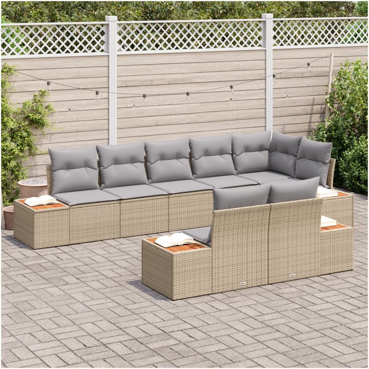 8-delad trädgårdsoffasett med kuddar i beige poly-ratan och akacia vidaXL 319 x 154 x 69 cm – bild 3