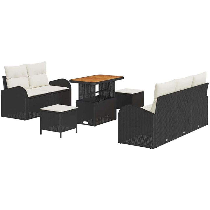 8-delad trädgårdsoffasett med kuddar svart Poly Rattan Akacia vidaXL 4 - Sits – bild 2