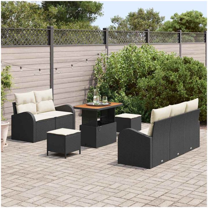 8-delad trädgårdsoffasett med kuddar svart Poly Rattan Akacia vidaXL 4 - Sits – bild 3