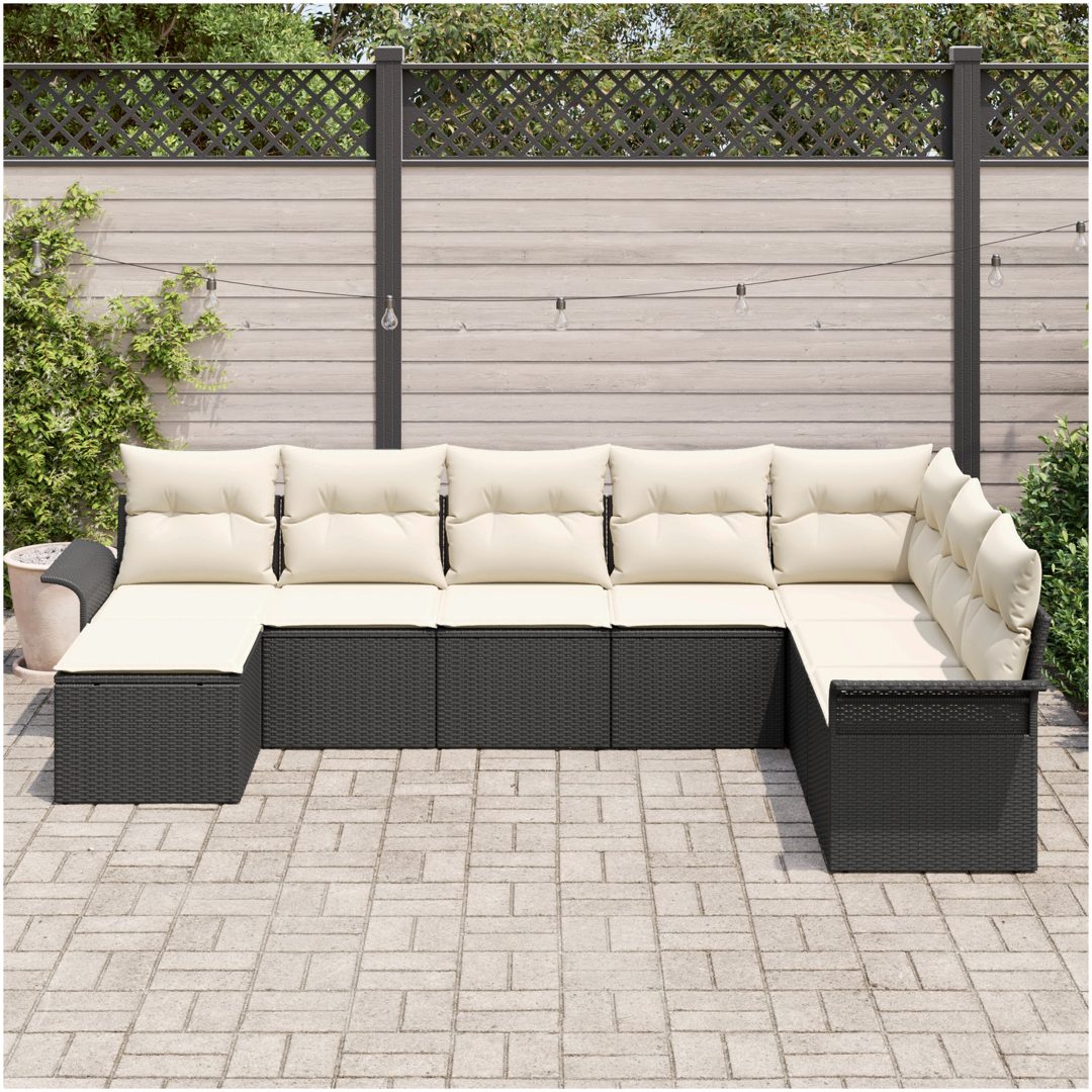 8-delad trädgårdsoffasett med kuddar svart polyrotting vidaXL 297.5 x 187.5 x 85 cm – bild 3