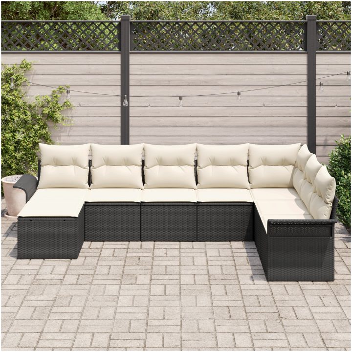 8-delad trädgårdsoffasett med kuddar svart polyrotting vidaXL 297.5 x 187.5 x 85 cm – bild 3
