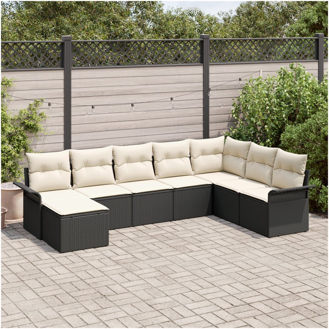 8-delad trädgårdsoffasett med kuddar svart polyrotting vidaXL 297.5 x 187.5 x 85 cm