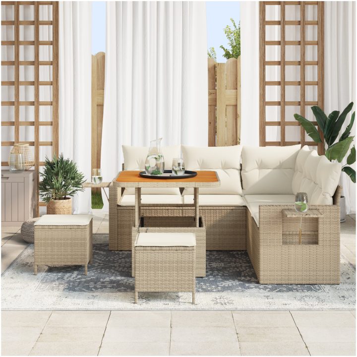 8-delad trädgårdsoffgrupp med kuddar Beige Poly Rattan Akacia vidaXL Stor – bild 3