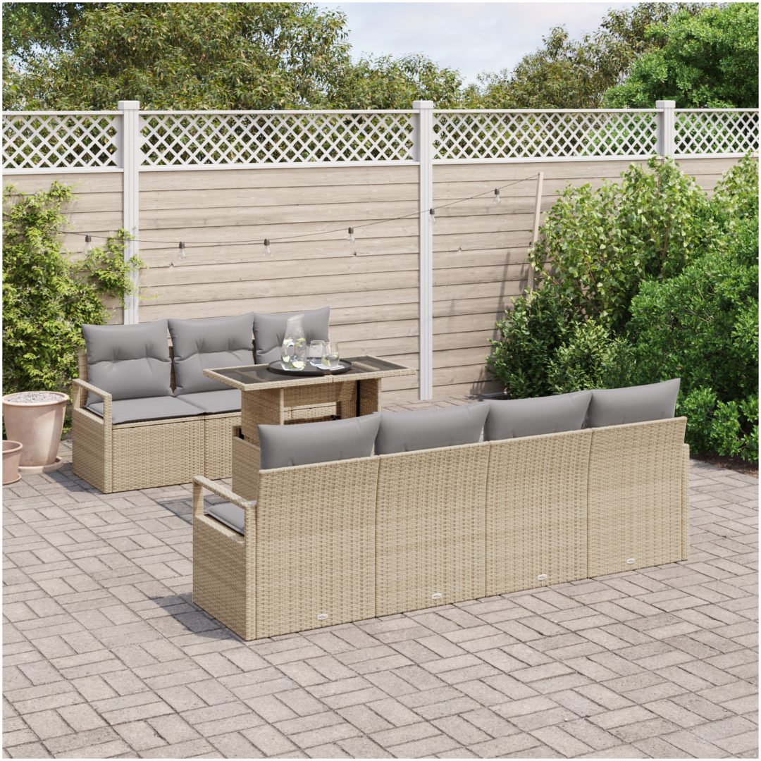 8-delad Trädgårdsoffgrupp med Kuddar Beige Poly Rattan vidaXL Stor – bild 3