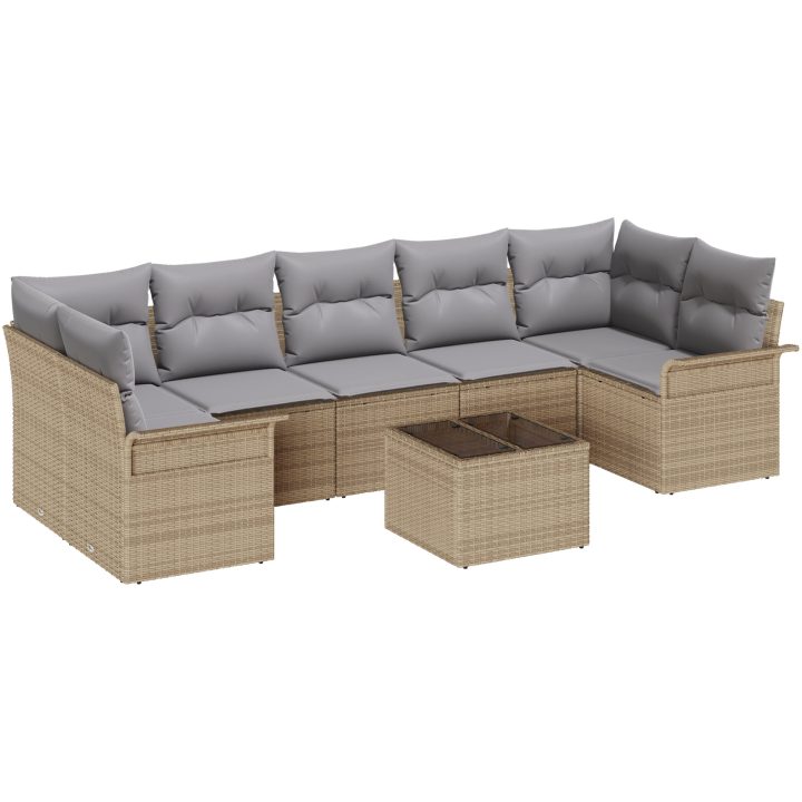 8-delad trädgårdsoffgrupp med kuddar beige poly rotting vidaXL 55 x 55 x 37 cm – bild 2