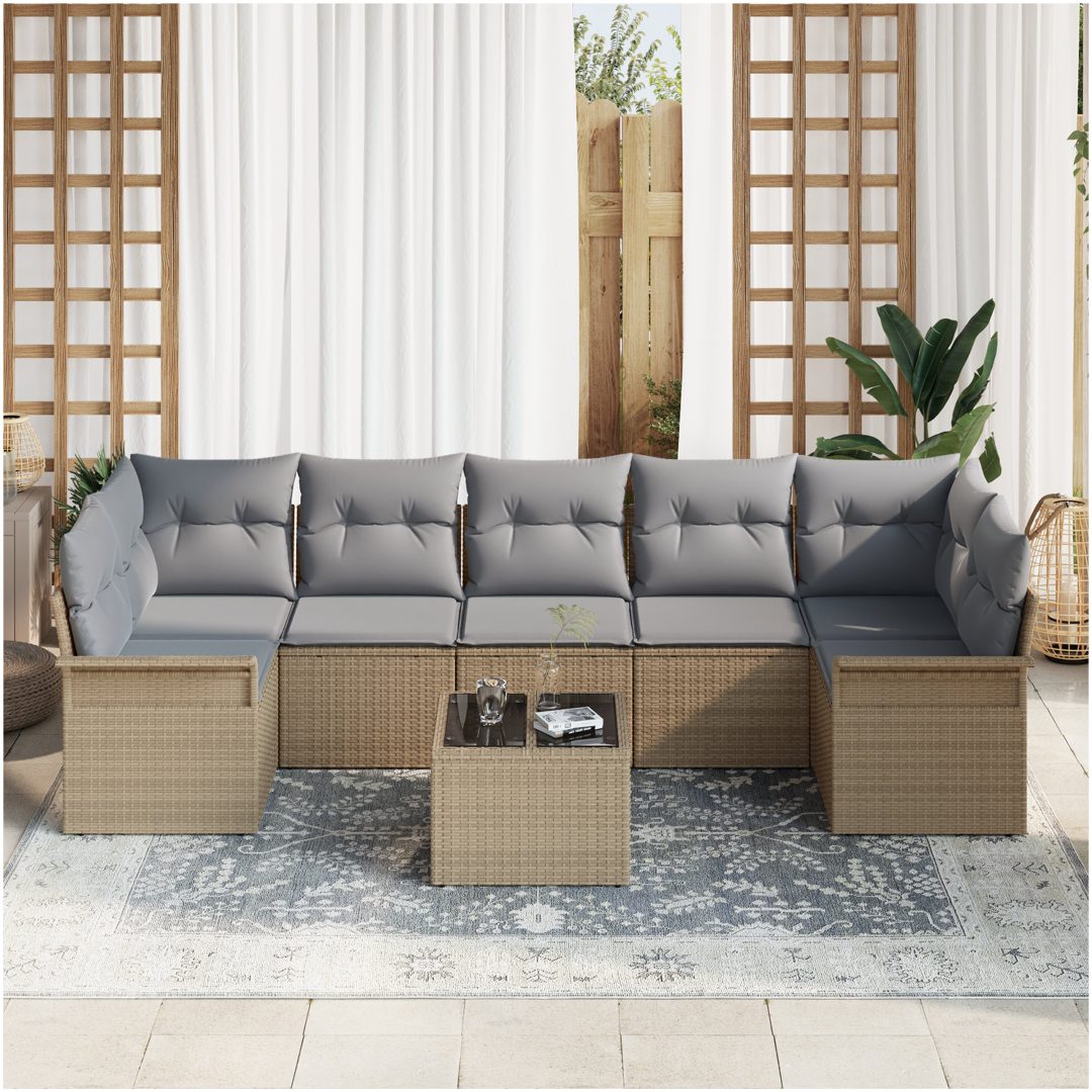 8-delad trädgårdsoffgrupp med kuddar beige poly rotting vidaXL 55 x 55 x 37 cm – bild 3