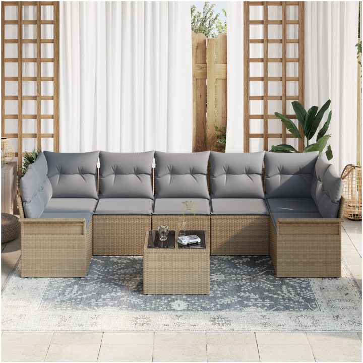 8-delad trädgårdsoffgrupp med kuddar beige poly rotting vidaXL 55 x 55 x 37 cm – bild 3