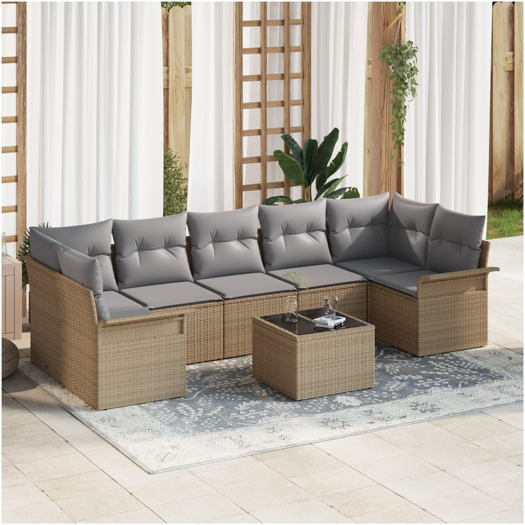 8-delad trädgårdsoffgrupp med kuddar beige poly rotting vidaXL 55 x 55 x 37 cm