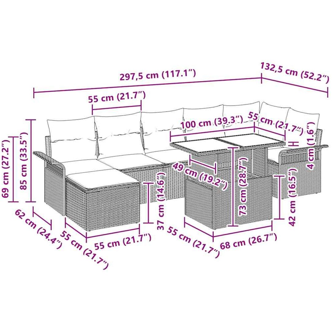 8-delad Trädgårdsoffgrupp med Kuddar Svart Poly Rattan vidaXL 100 x 55 x 73 cm – bild 12