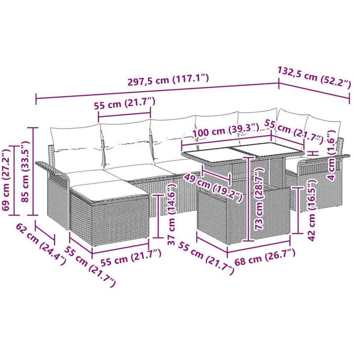 8-delad Trädgårdsoffgrupp med Kuddar Svart Poly Rattan vidaXL 100 x 55 x 73 cm – bild 12