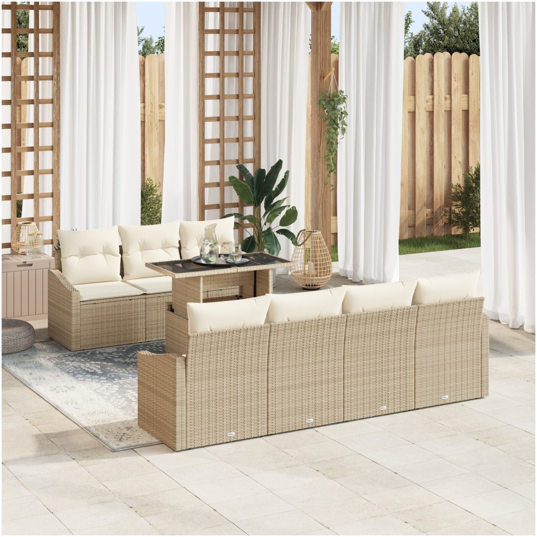 8-delad trädgårdsoffset med beige kuddar i poly rattan vidaXL 100 x 55 x 73 cm