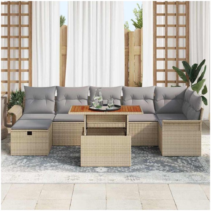 8-delad Trädgårdsoffset med Kuddar Beige Poly Rattan vidaXL Stor – bild 3