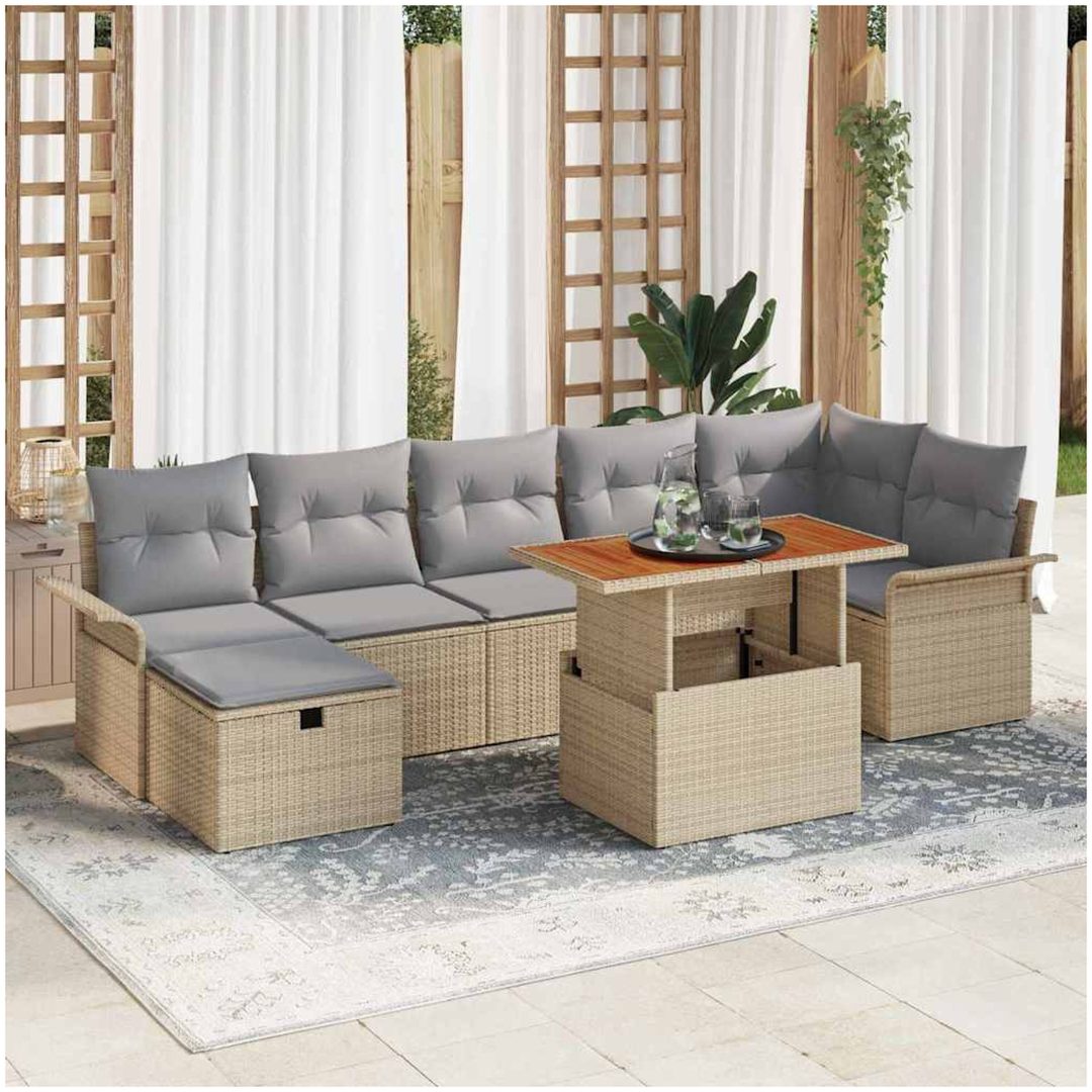 8-delad Trädgårdsoffset med Kuddar Beige Poly Rattan vidaXL Stor