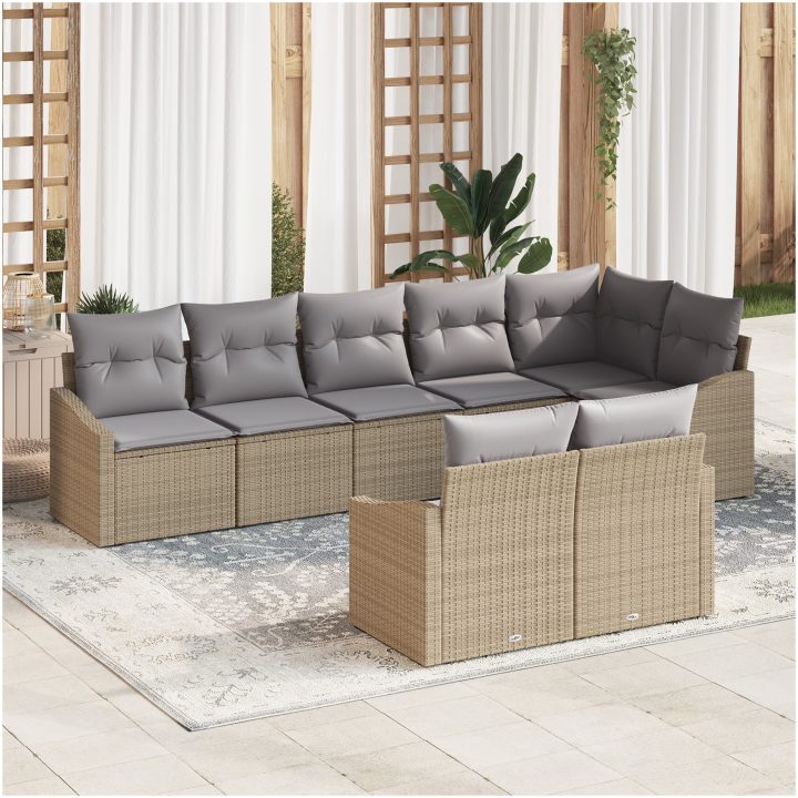 8-delad trädgårdsoffset med kuddar Beige Poly Rottning vidaXL 288.5 x 123.5 x 85 cm – bild 3