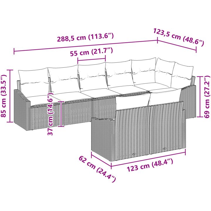 8-delad trädgårdsoffset med kuddar Beige Poly Rottning vidaXL 288.5 x 123.5 x 85 cm – bild 8