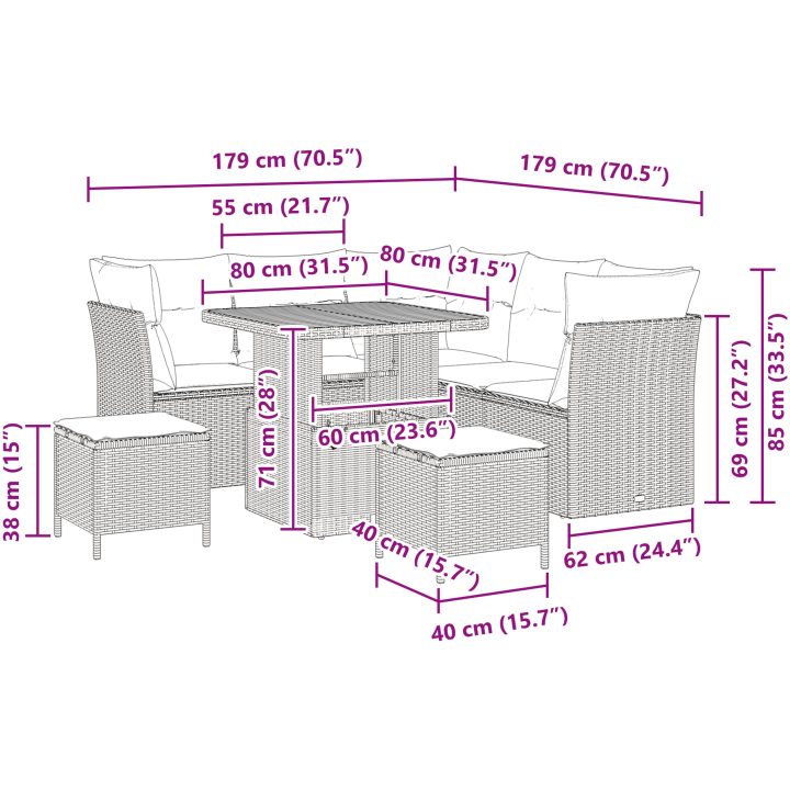 8-delad trädgårdsoffset med kuddar i beige poly rattan akacia vidaXL Medium – bild 9