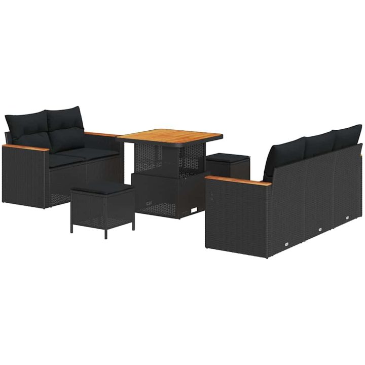 8-delad trädgårdsoffset med kuddar Svart Poly Rattan Akacia vidaXL Medium – bild 2